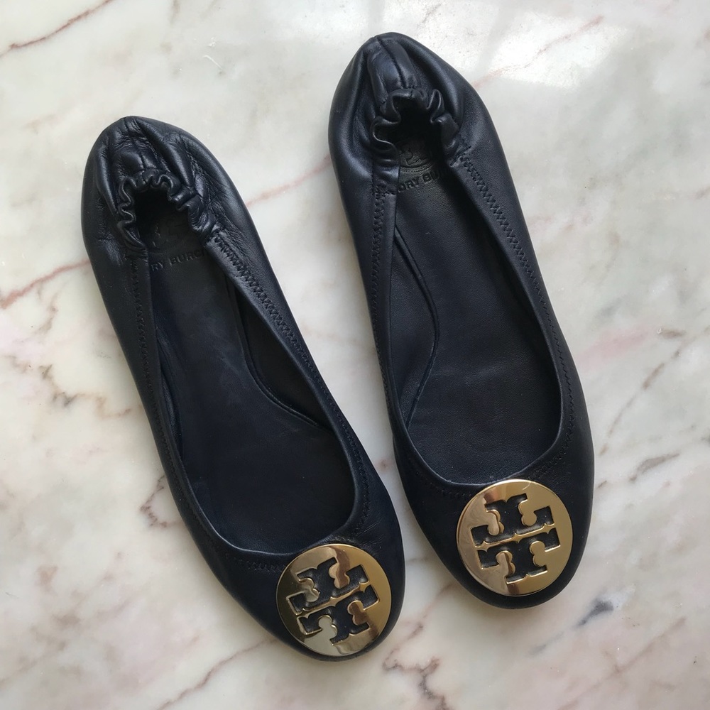 Tory Burch Navy Leather Gold Logo Reva Flats 7.5